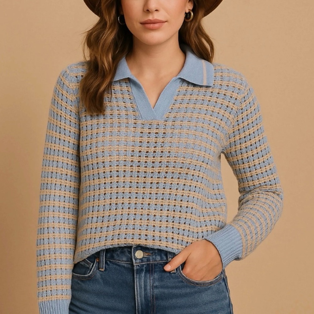 Maurice’s Blue & Tan Collared Knit Sweater Large Preppy Cotton